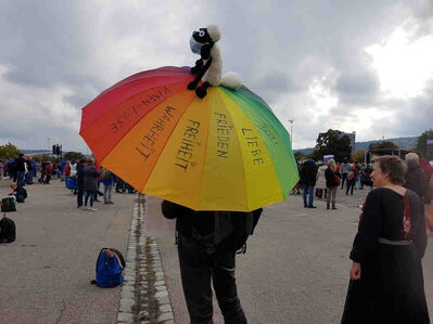 Person mit buntem Schirm auf dem ein Affe sitzt.