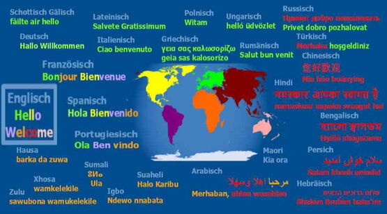 Bunte Weltkarte mittig. Drumrum „Hallo" und „Willkommen" in verschiedenen Sprachen
